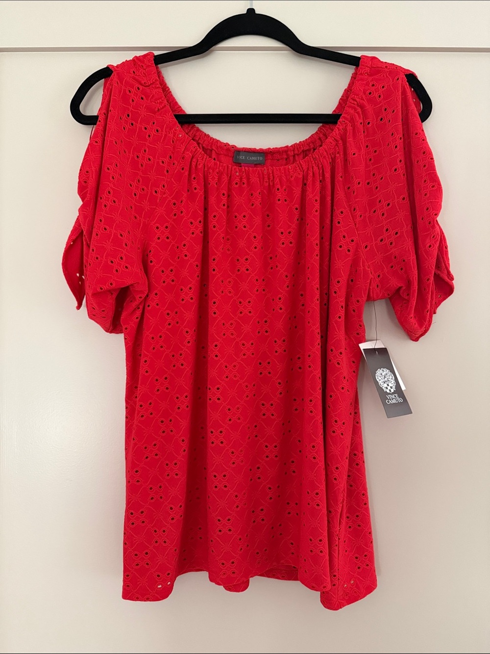 Vince Camuto Bright Red Eyelet Off-Shoulder Tie Sleeve Top
